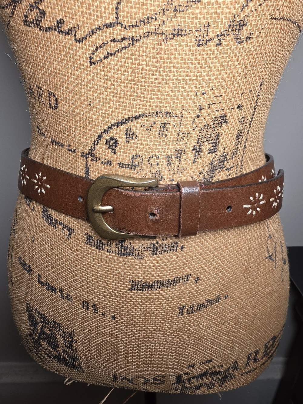 Brown Leather Floral Cutout Belt with Brass Buckle
